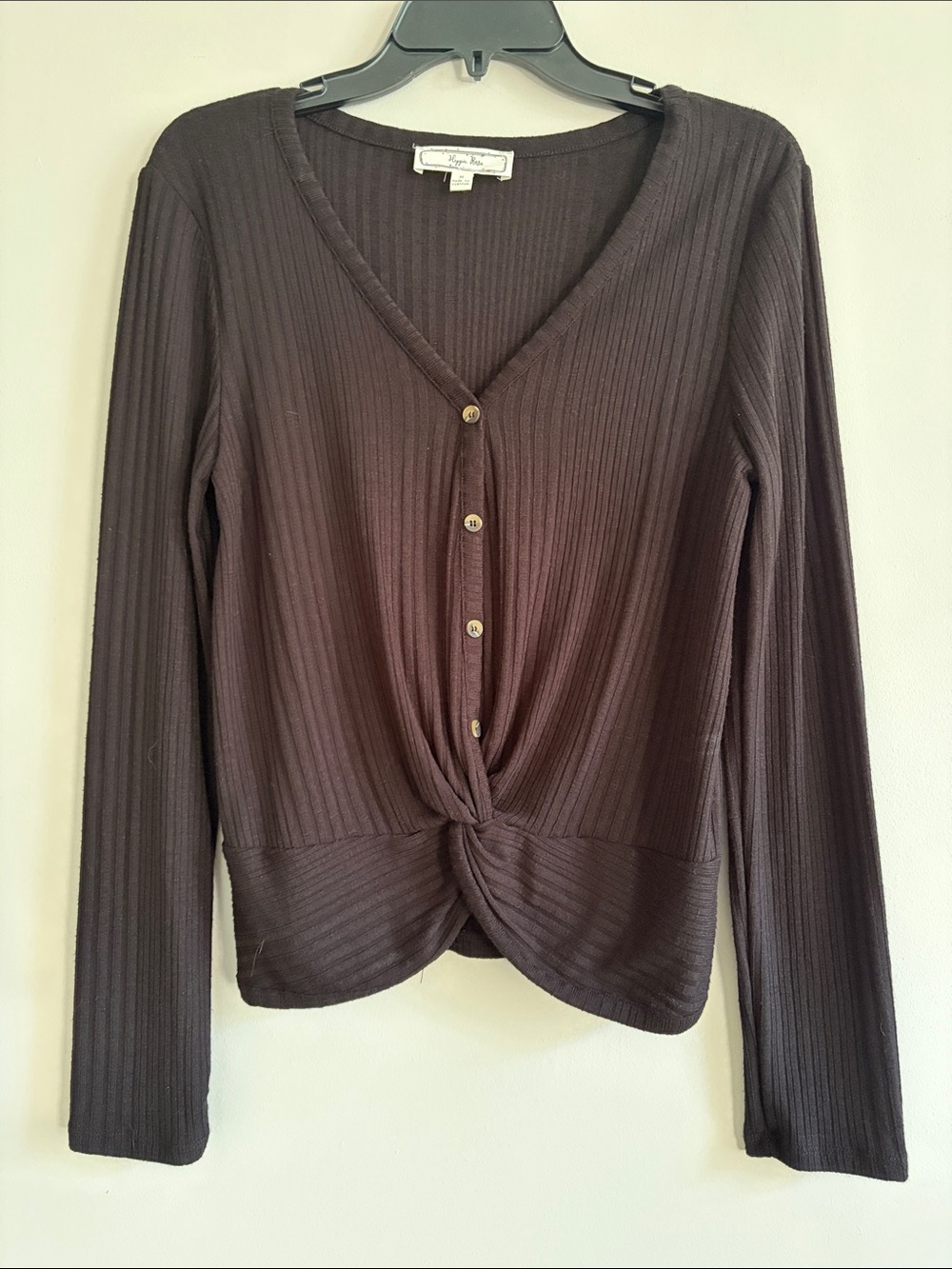 Hippie Rose Ribbed Long-Sleeve Twist-Front Top in Brown